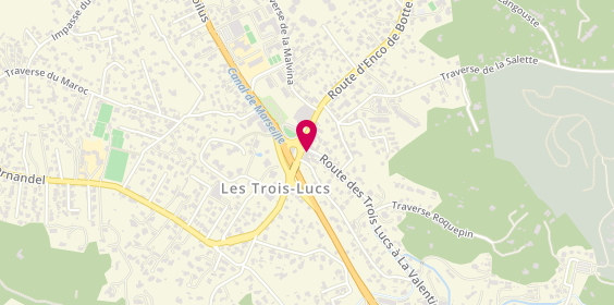 Plan de Pharmacie des Trois Lucs, Angle 2 Route la Valentine
3 Place 3 Lucs, 13012 Marseille