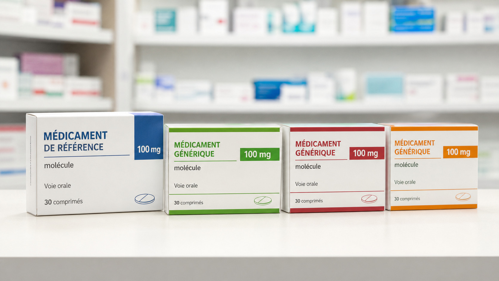 Boîtes de médicaments génériques et médicament de référence posés côte à côte