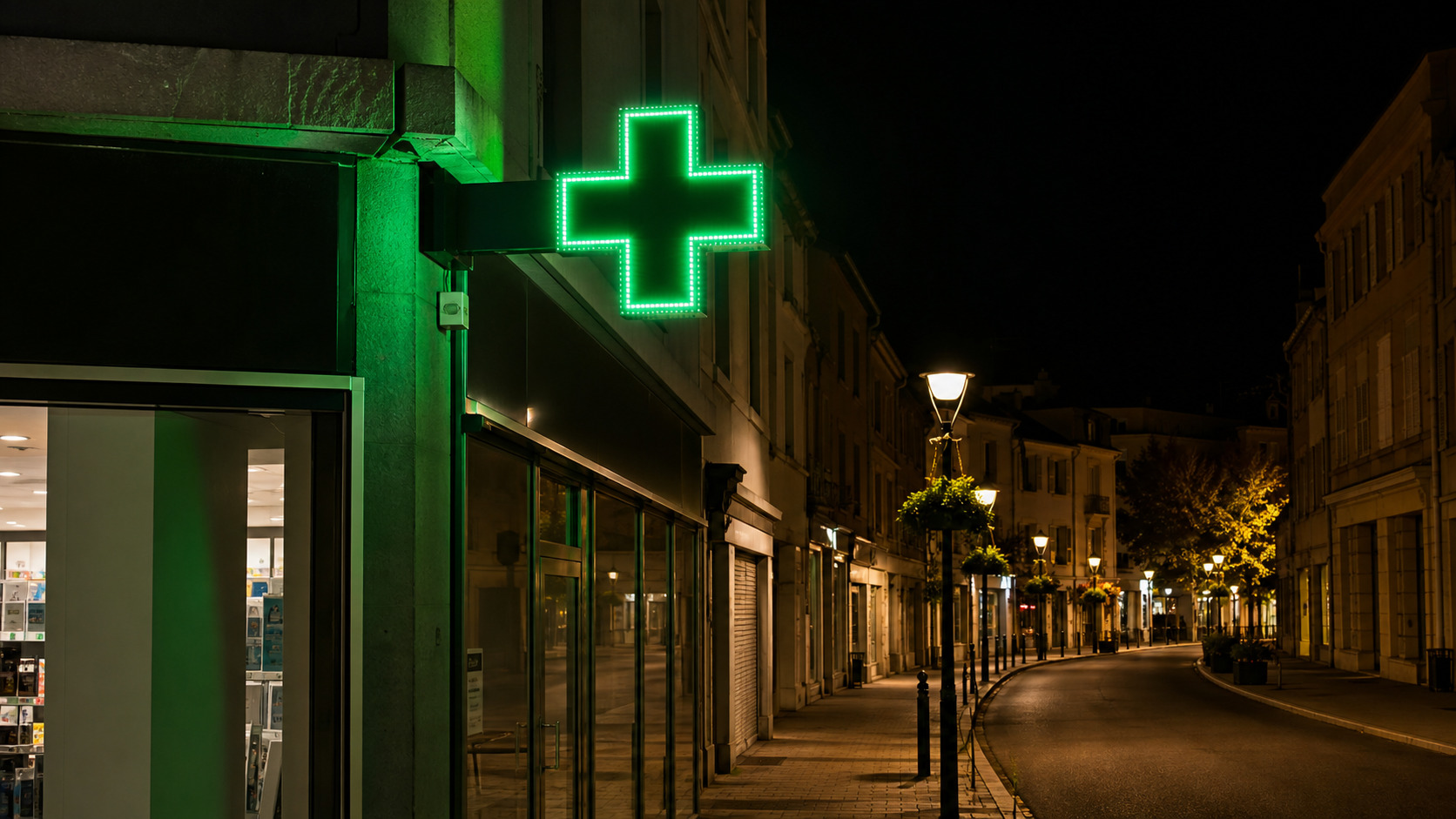 Croix verte de pharmacie allumée dans une rue de nuit