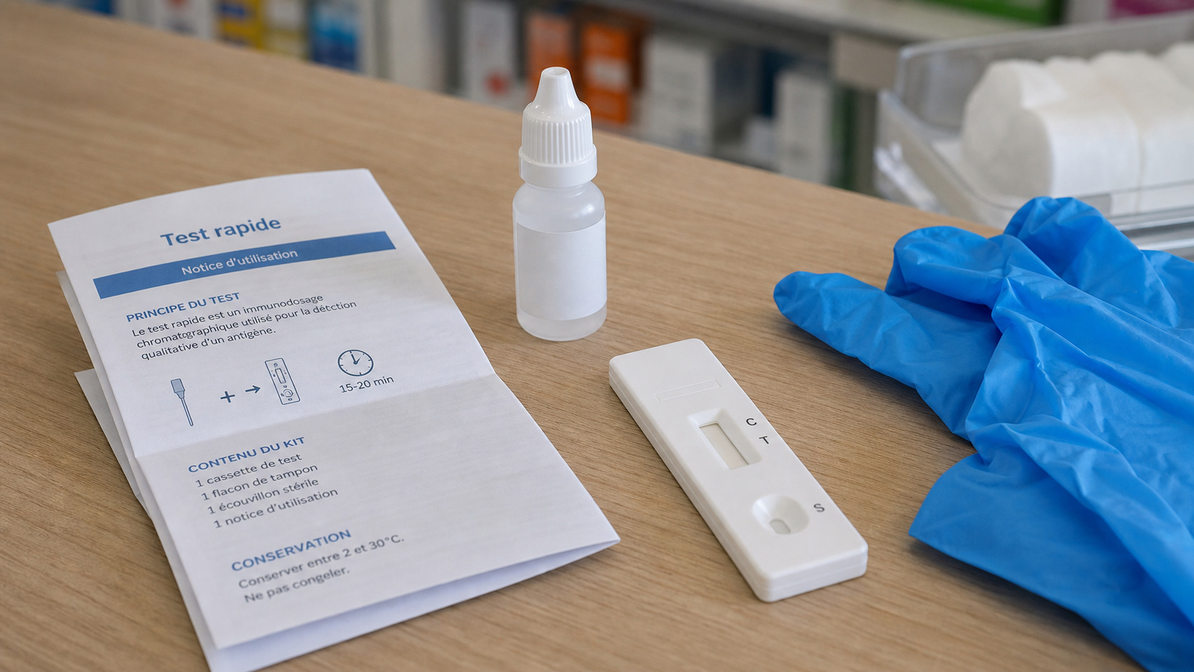 Test rapide posé sur une table avec flacon et notice de pharmacie
